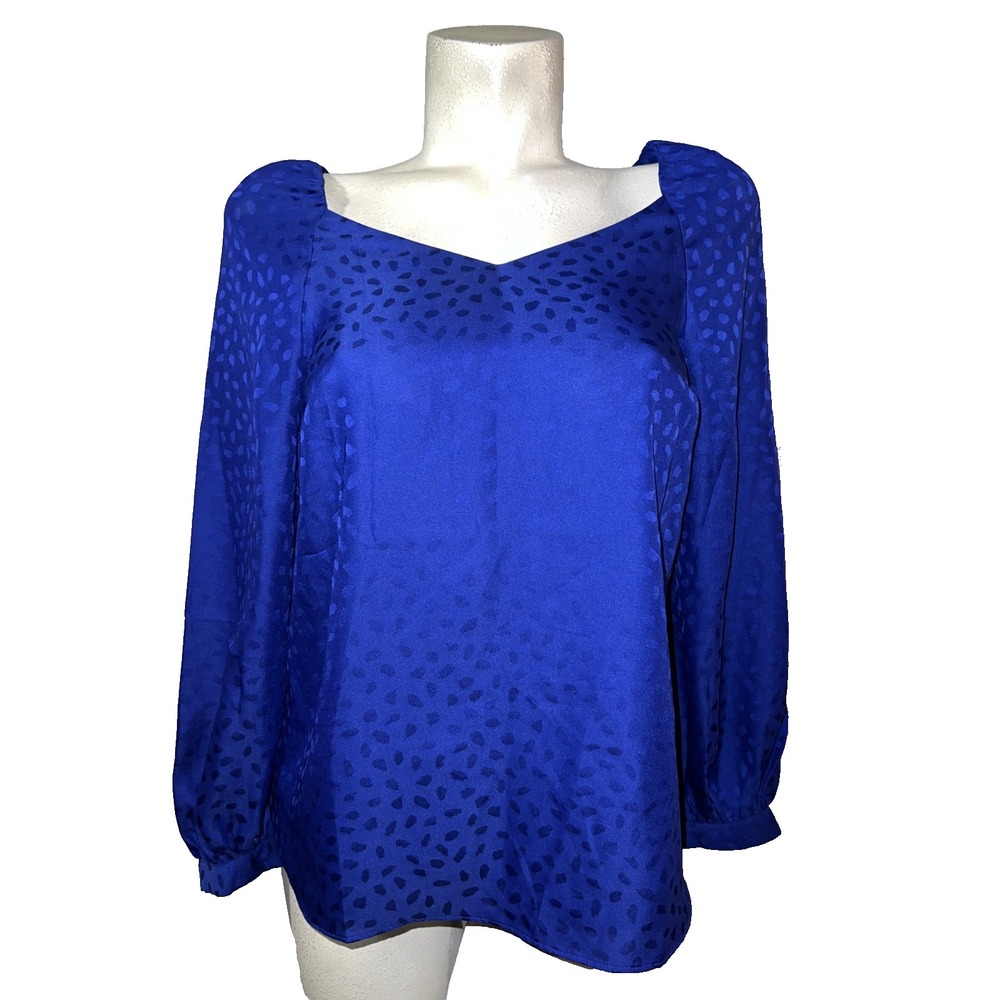 Ann Taylor Petite Royal Blue Jacquard Sweetheart Puff Sleeve Blouse SP NWT